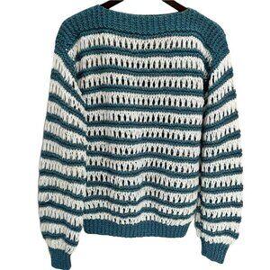 Unique! Vintage Hand Knit Open Weave Sweater White/Teal Size M/L